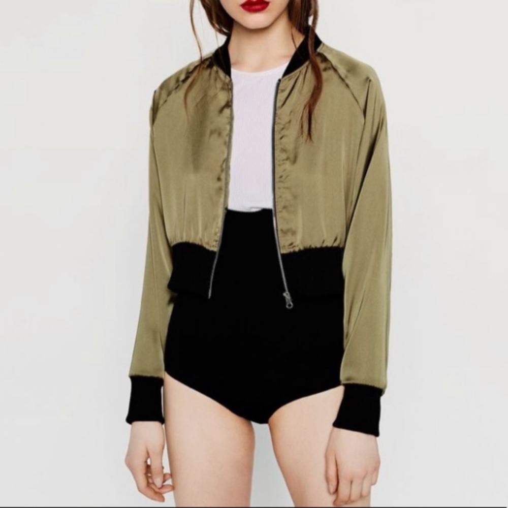 Zara olive green sating bomber jacket